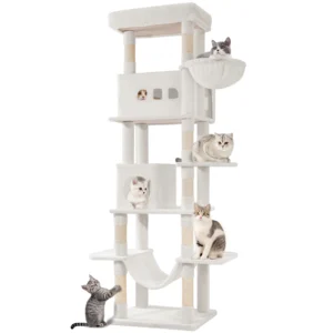 Arbre à chat géant blanc 210 cm avec grande niche et panier perché