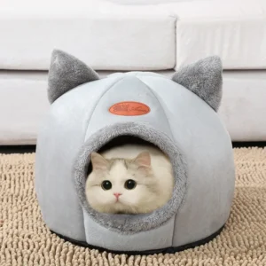 Grotte pour chat en peluche gris clair avec oreilles, 33 cm