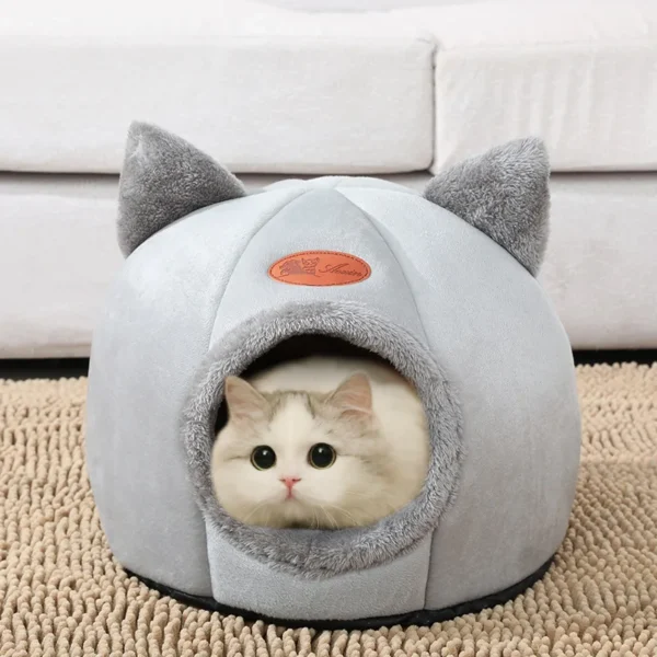 Grotte pour chat en peluche gris clair avec oreilles, 33 cm