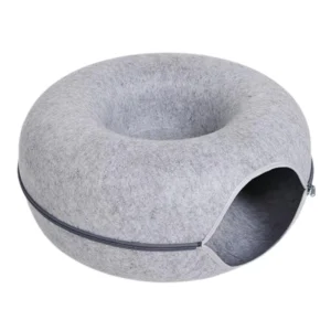 Lit tunnel chat en feutre gris clair, forme beignet 50 cm