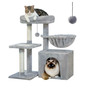 Arbre à chat pour chaton gris avec hamac et rampe en sisal