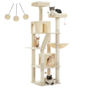 Arbre à chat 180 cm beige avec hamac, 2 niches et 6 griffoirs