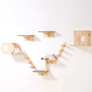 Arbre à chat mural en pin naturel, kit de 7 éléments à fixer
