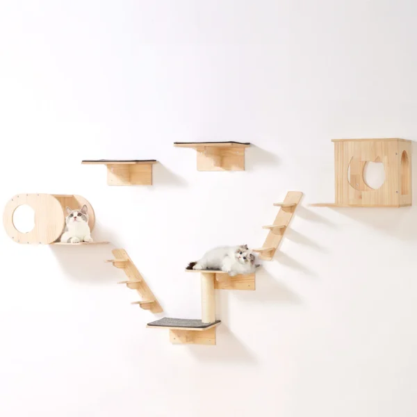 Arbre à chat mural en pin naturel, kit de 7 éléments à fixer