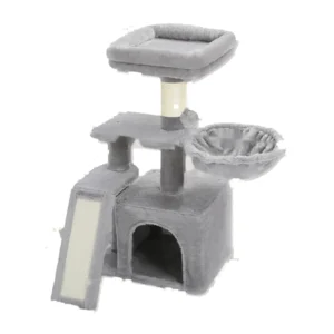 Arbre à chat pour chaton gris de 80 cm avec hamac, niche et rampe en sisal