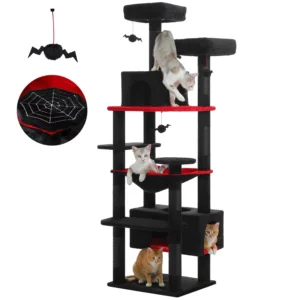 Arbre à chat géant 184 cm noir et rouge, thème Halloween