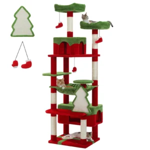 Arbre à chat géant 184 cm rouge et vert, thème Noël